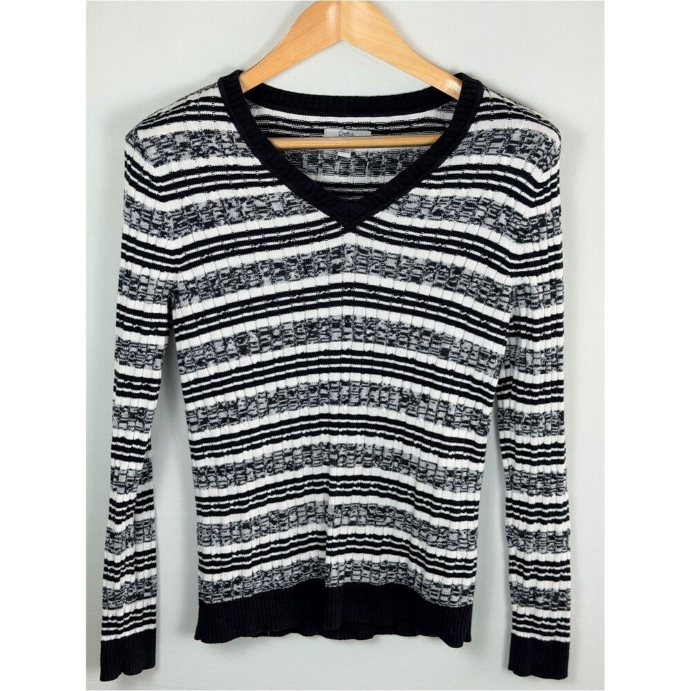 Croft & Barrow Striped Knit Sweater Black White V Neck Fitted XS Slim Fit